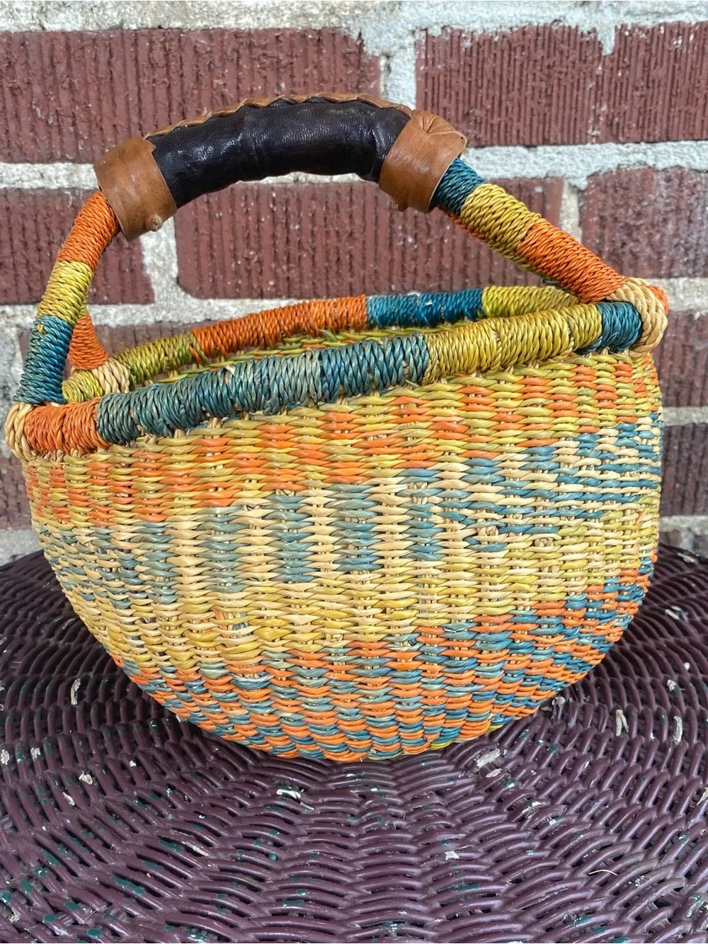 Handmade African Woven Grass Basket with Leather Handles - Orange, Green, Teal